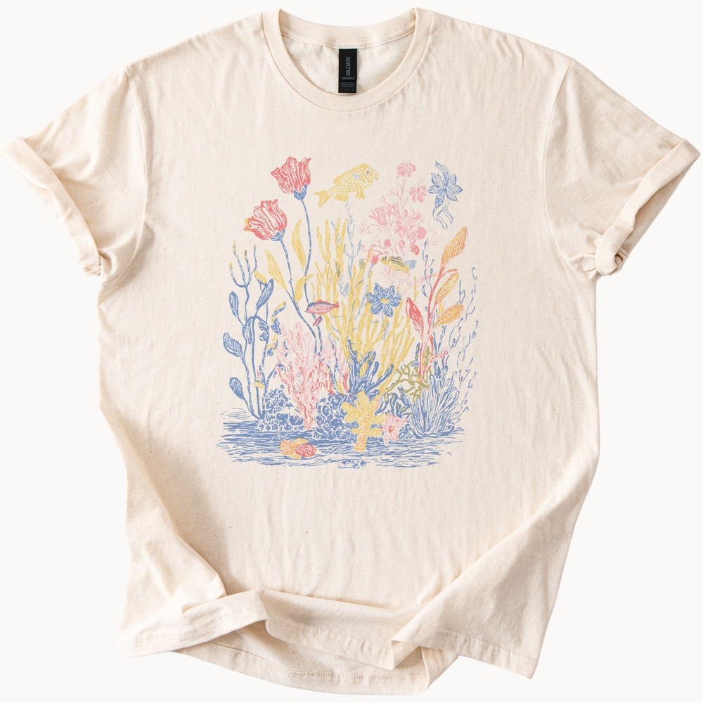 Underwater Garden Graphic Tee Colorful Aquatic Plants Fish Art